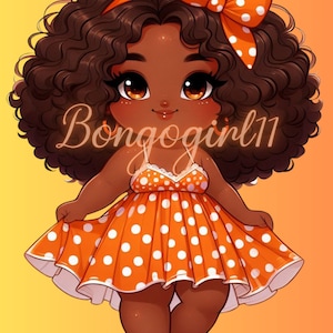 Orange Sommerkleid Kollektion | Chibi Puppe PNG| Chibi Puppe Kunst| Chibi Puppe Afroamerikaner| Chibi Sommerkleid Puppenkollektion