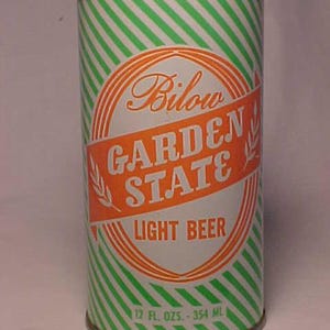 c1970s Bilow Garden State light beer by Garden State Brewing Co. Hammonton, N.J., bottom opened EMPTY Pull Tab Beer Can, Back Bar Decor