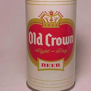 c1970s Old Crown light dry beer Peter Hand Brewing Co. Chicago, Illinois, bottom opened EMPTY Pull Tab Beer Can, Back Bar Decor