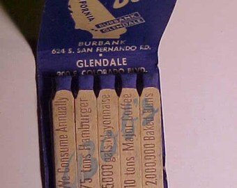 c1940-50s Bob's famous for original double deck hamburgers California, Vintage Full Book of Restaurant Feature Advertising Matches Matchbook