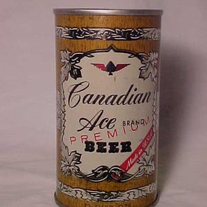 c1960-70s Canadian Ace brand premium Beer by Canadian Ace Brewing Co. Hammonton, N.J., bottom opened EMPTY Pull Tab Beer Can, Back Bar Decor