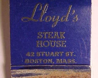 c1930-40s Lloyd's Steak House 42 Stuart St. Boston, Mass., Full Book of Boston Restaurant Advertising Matches Matchbook