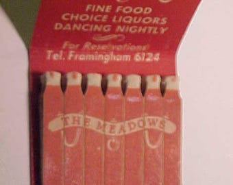 c1940-50s The Meadows fine food restaurant Framingham, Mass., Vintage Full Book of Feature Advertising Restaurant Matches Matchbook