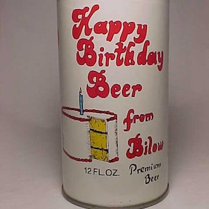 c1970s Happy Birthday Beer by Bilow premium beer by Walter Brewing Company Eau Claire, Wis., bottom opened EMPTY Pull Tab Beer Can, Back Bar