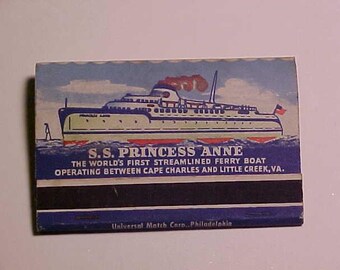 c1940s S. S. Princess Anne Streamlined Ferry Boat Cape Charles to Little Creek, VA. & S. S. Pocahontas Nautical Vintage Full Book of Matches