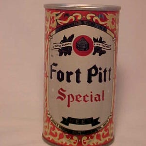 c1960-70s Fort Pitt Special Beer Jones Brewing Co. Smithton, PA., bottom opened EMPTY Pull Tab Beer Can, Back Bar Decor