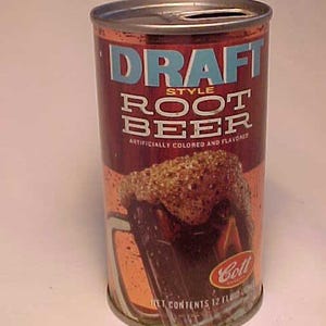 c1960s Draft Style Root Beer by Cott Manchester, N.H., Clicquot Club Millis, Mass., Juice Tab Steel Soda Can, Back Bar Soda Fountain Decor