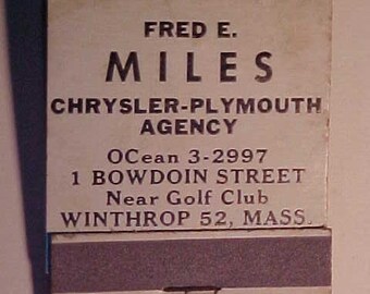 1952 Fred E. Miles Chrysler Plymouth Agency 1 Bowdoin Street Winthrop, Mass., Vintage Chrysler Automobile Full Book of Matches Matchbook
