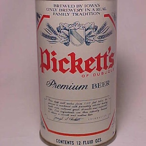 c1970s Pickett&#39;s of Dubuque premium beer by Jos. S. Pickett & Sons Dubuque, Iowa, bottom opened EMPTY Pull Tab Beer Can, Back Bar Decor