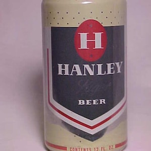 c1970s Hanley Lager Beer Falstaff brewing Corporation Cranston, R.I. & 5 other cities, bottom opened EMPTY Pull Tab Beer Can, Back Bar #2