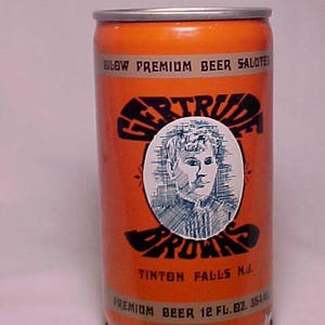 c1970s Bilow premium beer salutes Gertrude Browns Tinton Falls, New Jersey, bottom opened EMPTY Pull Tab Beer Can, Back Bar Decor