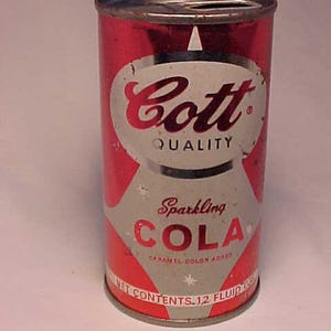 c1960s Cott Quality Sparkling Cola Manchester, N.H., Clicquot Club Millis, Mass., Juice Tab Steel Soda Can, Back Bar Soda Fountain Decor