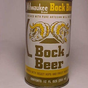 c1970s Milwaukee Brand Bock Beer Waukee Brewing Co. Hammonton, New Jersey, bottom opened EMPTY Pull Tab Beer Can, Back Bar Decor