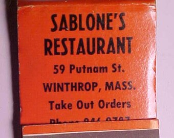 c1950-60s Sablone's Restaurant 59 Putnam St. Winthrop, Mass., Full Book of Restaurant Advertising Matches Matchbook, Matchbook Collector