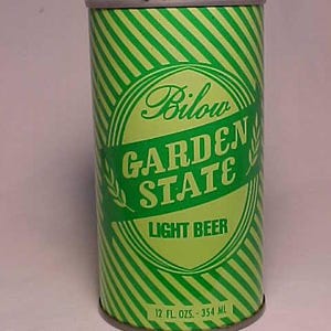 c1970s Bilow Garden State light beer by Walter Brewing Company Eau Claire, Wis., bottom opened EMPTY Pull Tab Beer Can, Back Bar Decor
