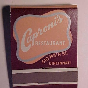 c1940-50s Caproni&#39;s Restaurant 610 Main St. Cincinnati, Ohio, Vintage Full Book of Restaurant Advertising Matches Matchbook
