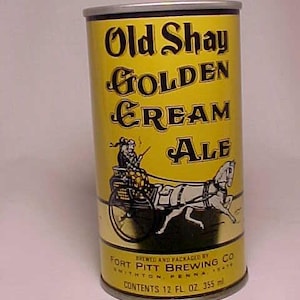 c1960-70s Old Shay Golden Cream Ale Fort Pitt Brewing Co. Smithton, PA., bottom opened EMPTY Pull Tab Beer Can, Back Bar Decor