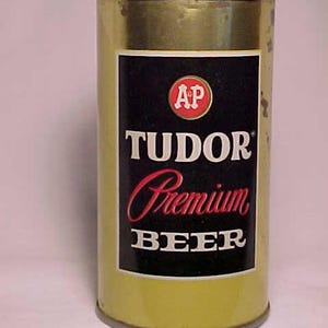 c1960-70s A&P Tudor Premium Beer brewed ad packed by the Valley Forge Brewing Co., bottom opened EMPTY Pull Tab Beer Can, Back Bar Decor