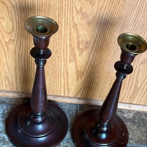 Vintage Pair 1950s Elegant Turned Wood Candle Holders Brass Lip Candle Holder 14.5 Tall image 1