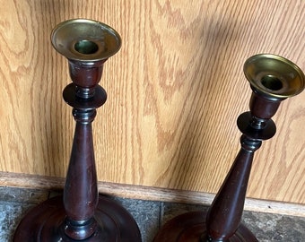 Vintage Pair 1950s Elegant Turned Wood Candle Holders Brass Lip Candle Holder 14.5" Tall