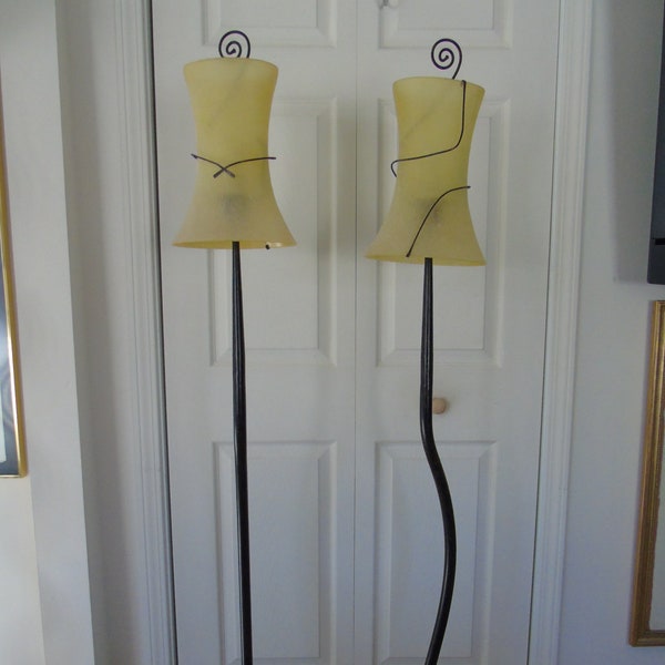 Pair Of Curved Portable Luminare Floor Lamps Frosted Yellow Glass Shades Wrought Iron Local Pick Up Available