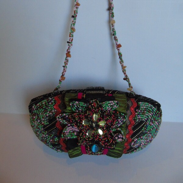 Pritzi Purse Bag Multi Colored Flower Hand Beaded Cloth Ruffled Blue Oval Stone NWOT