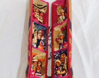 Vtg Peru Retablo Diorama Peruvian Folk Art Wood Folding Tube Sculpture Handmade Collectible Wood Leather Ceramic Yarn Nativity