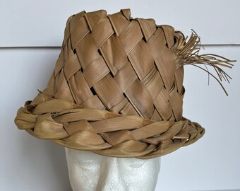 Vtg 1967 Hat Fedora Unisex Hawaiian Handmade Palm Frond Woven Handwoven Medium Made In Hawaii