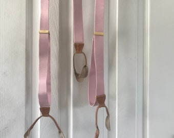 Vintage Pink Suspenders Leather Elastic Braces Gold Tone Hardware