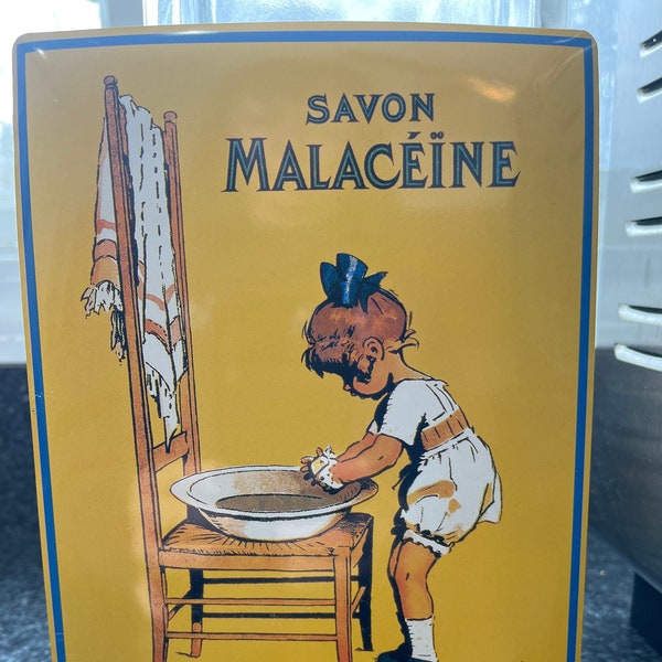 Vintage Savon Malaceine la fête de la peau fille se laver les mains métal signe Made In France 5 3/4 "x 8" Reproduction Interdite