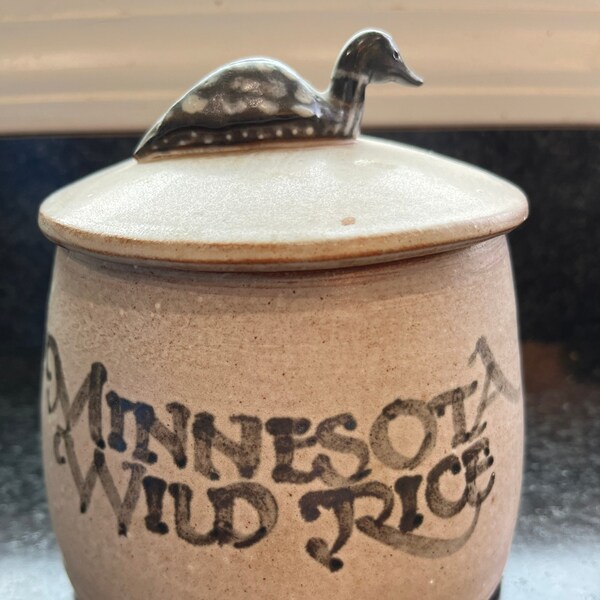 Vintage Studio Pottery Stoneware Minnesota Wild Rice Canister With Hand Painted Loon On Pottery Lid