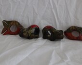 Vintage Four Hand Carved Napkin Rings Fish Pig Wooden 1970 39 s Philippines