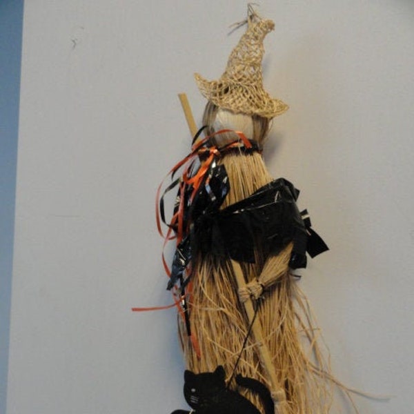 Vintage Halloween Witch Straw Witch Hat Black Metal Cat "BOO" Broom Decoration One Of A Kind