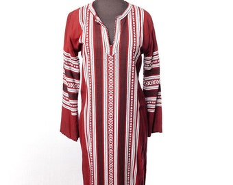 Vtg 1973 Maxi Kaftan Dress Alex Condarinis Designer Mykonos Greece Handmade Hand Dyed Maroon Hand Woven