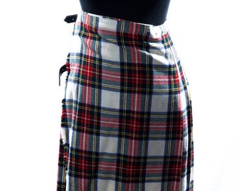 Vintage 1970's The Scotch House Plaid Wool Kilt Skirt White Red Blue Plaid Skirt Black Leather Straps Made In Scotland Small