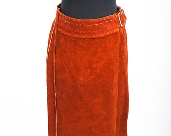 Vintage 1973 Char, Maxi Skirt, Natural Leather Suede, Handmade Hand Signed, Size 12, Made In Mexico