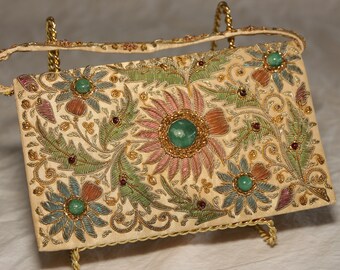 Vintage Hand Made Evening Bag Clutch Purse Hand Sewn Beaded Silk Lined Jade Stones