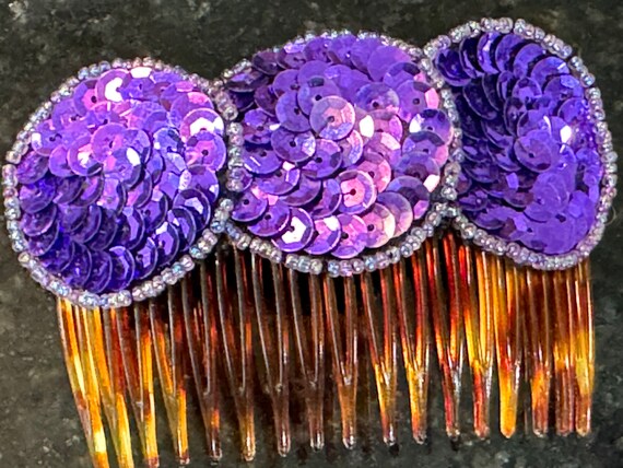 Vtg 1980's Purple Sequin 3 Circles Hair Side Comb… - image 2