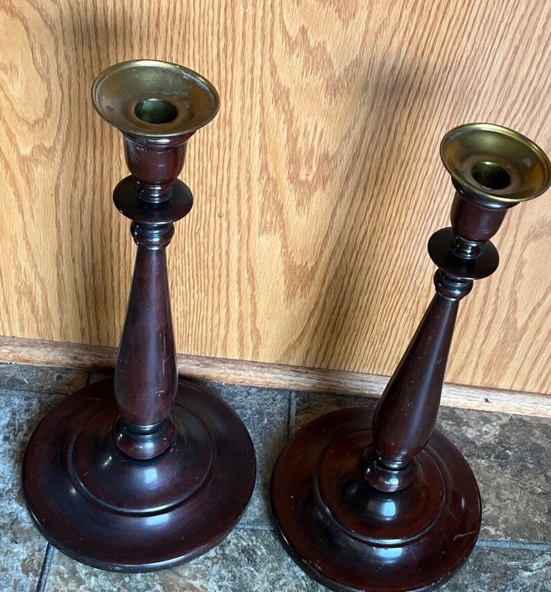 Vintage Pair 1950s Elegant Turned Wood Candle Holders Brass Lip Candle Holder 14.5 Tall image 1