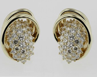 Vintage Earrings JOSE HESS, Diamond  In 14 Karat Yellow Gold, Designer Cluster, Non Pierced