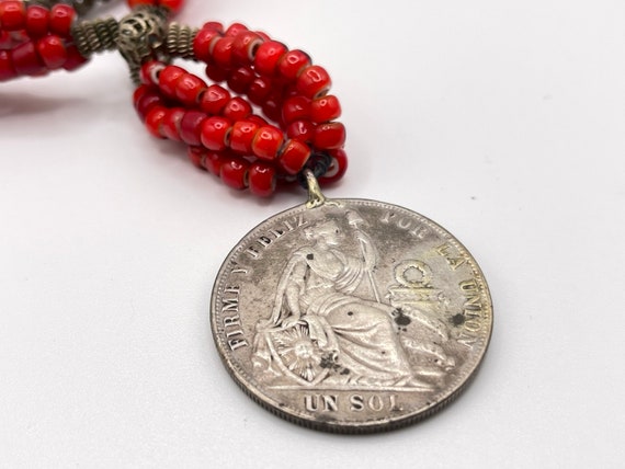 Vtg Colonial Red Glass Beads 3 Strand & Coin Neck… - image 2