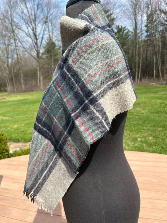 Vtg 1970's Wool Scarf Gray Navy Red Teal Plaid Wi… - image 3