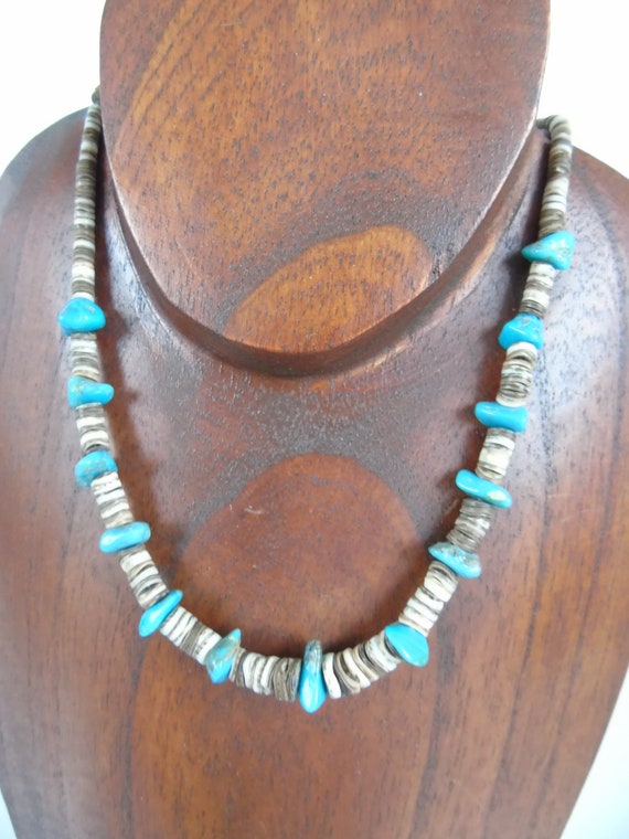 Vintage Heishi Necklace Turquoise Beads Graduated Shell Beads