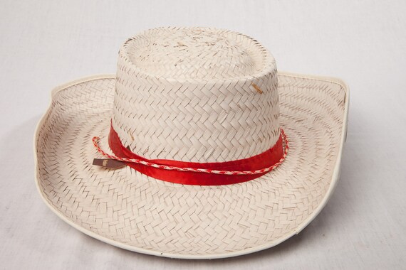 Vtg 1970's White & Red Hand Woven Straw Cowboy Ha… - image 2