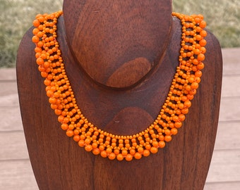 Vintage 1940's Handmade Bright Orange Beaded Collar Necklace Woven Various Size Beads Lovely Clasp