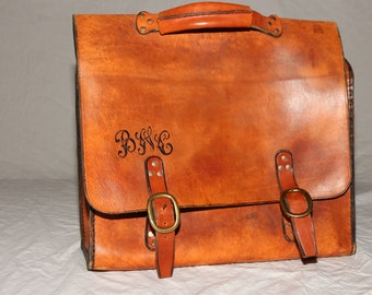 1970's Handmade Leather Attaché Bag Initials B M C Buckle Brass Closure Custom Made Vintage