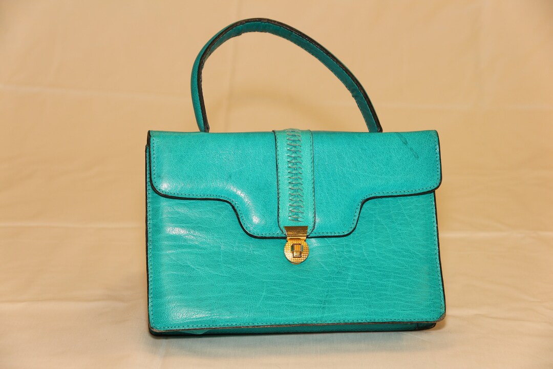 Vintage 1965 Italian Handbag Leather Turquoise Braided With Handle Gold