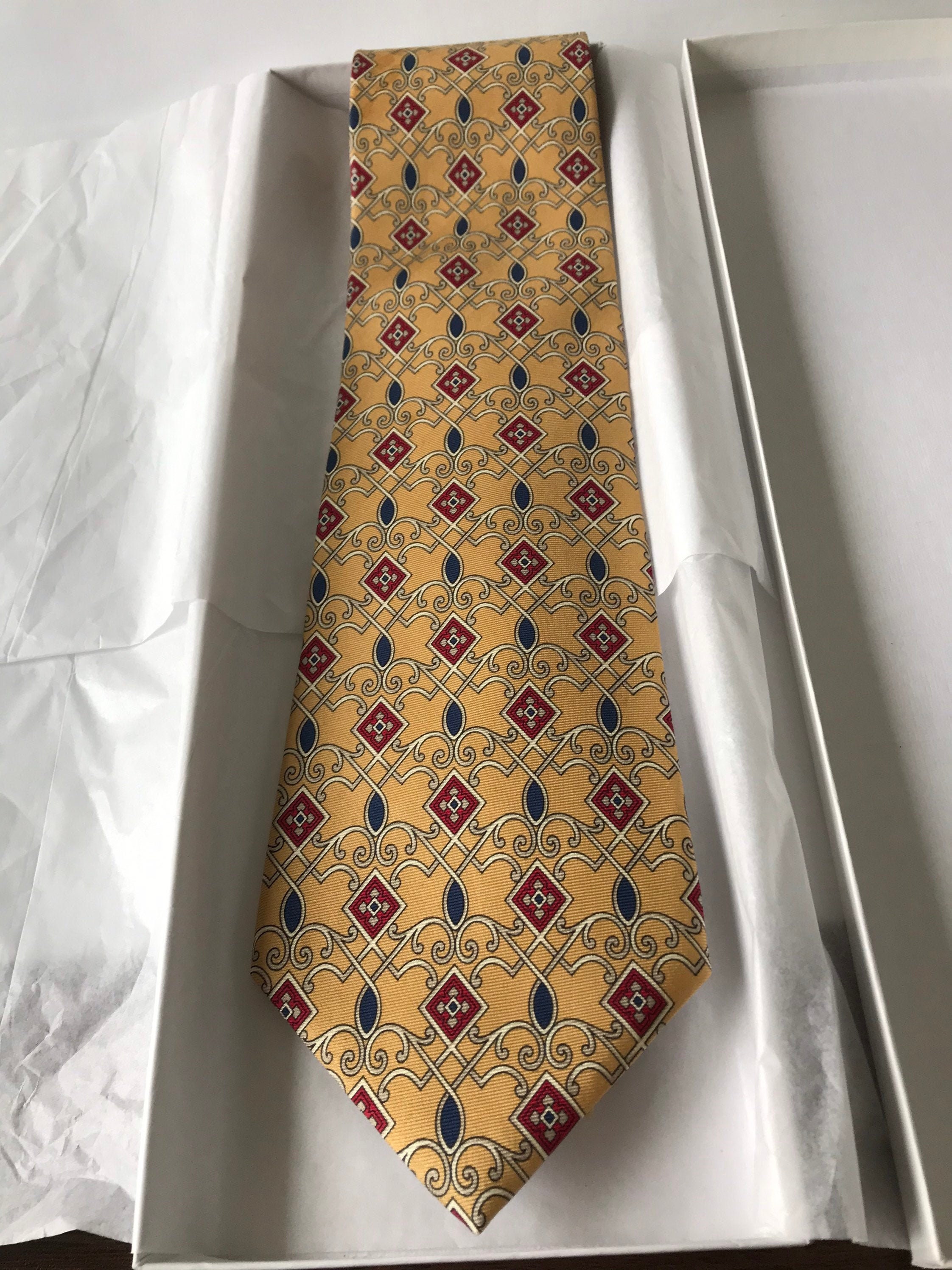 Christian Dior Mens Tie Red With Blue Geometric All Silk Tie