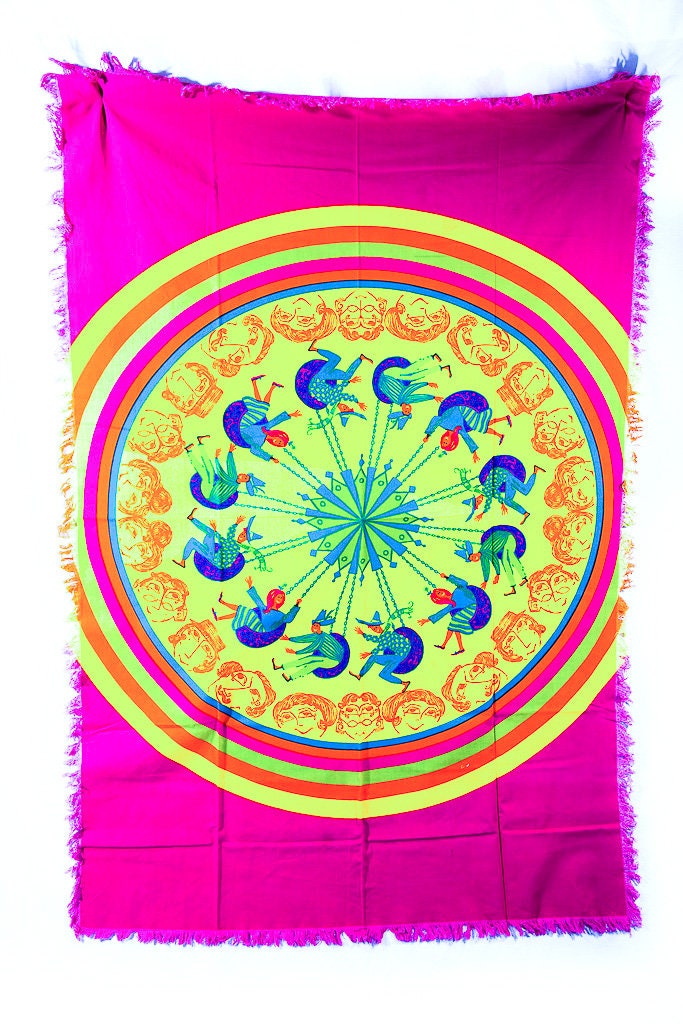 Vintage 1960s Pop Art Mod Tablecloth Love Child Psychedelic 100 Cotton Brilliant Colors