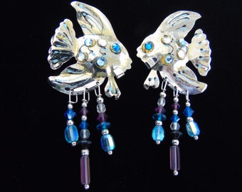 Lunch At The Ritz Fish Earrings Pierced Signed '87 LATR Glitter Enamel Rhinestones Beads